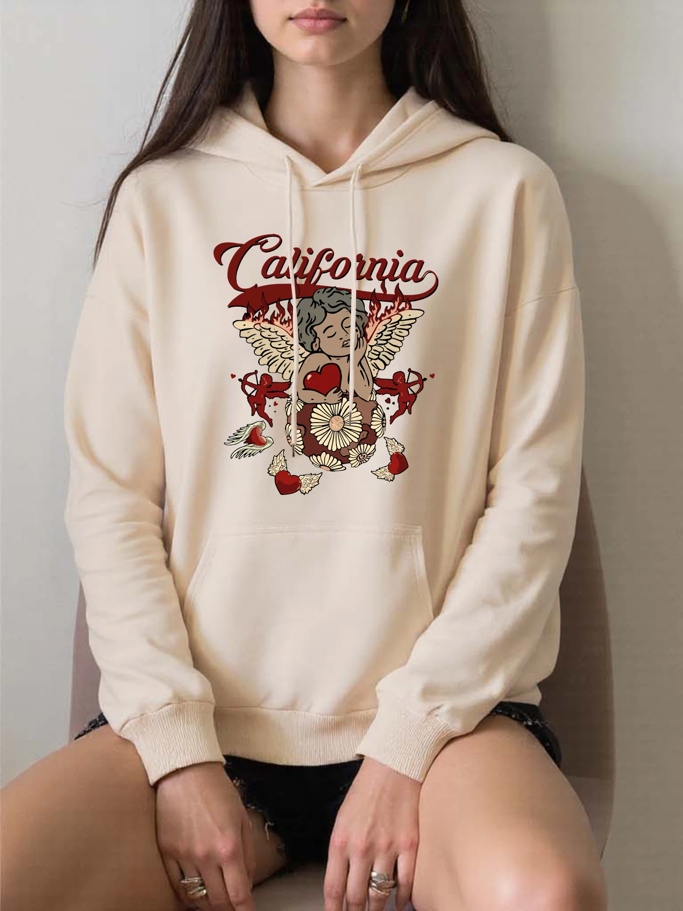 

California Love Wing Angel Boy Printed Hoodies Women Harajuku Pocket Streetwear Fashion Oversized Hoody Fleece Autumn Pullovers