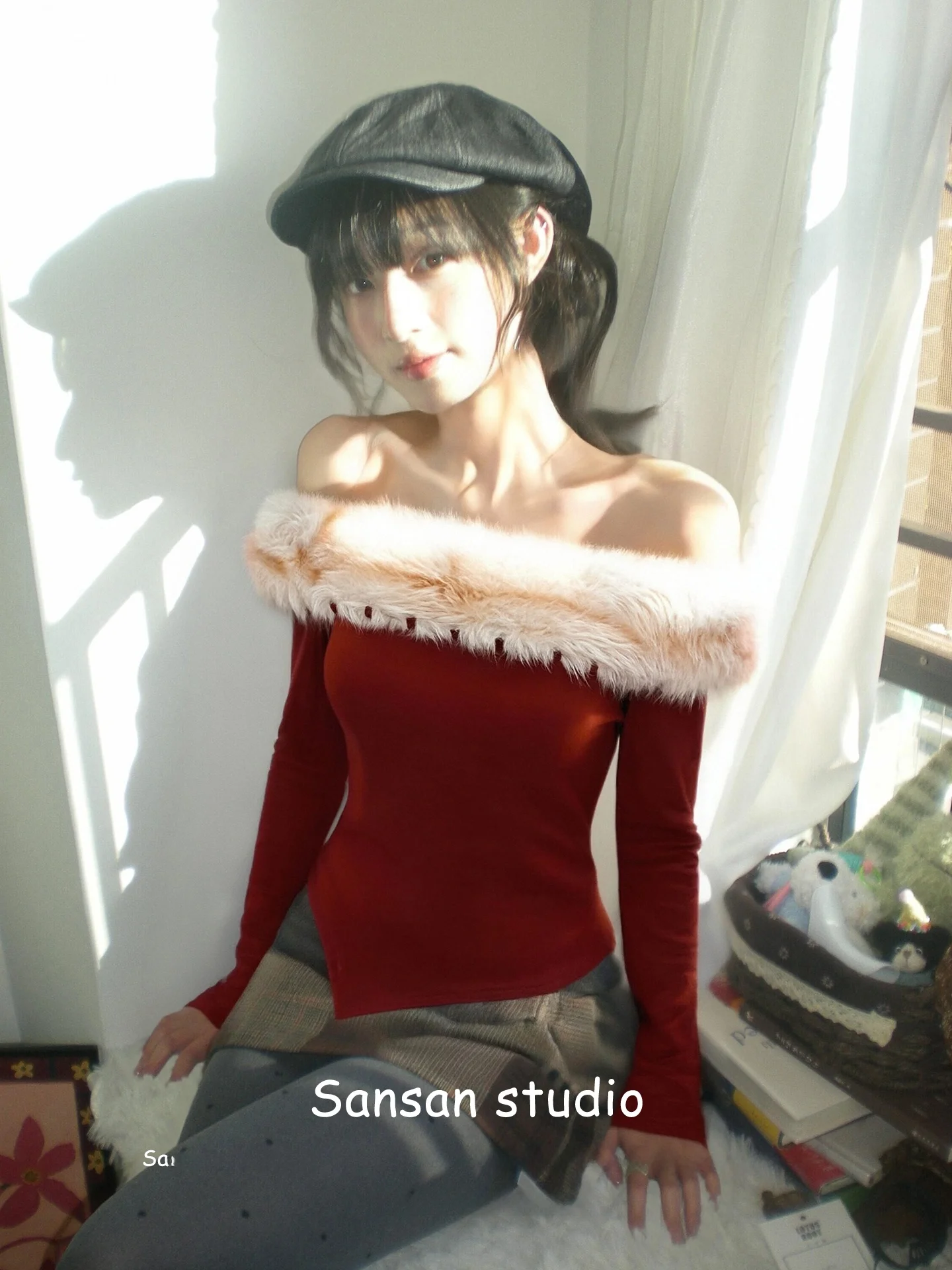 

New Year Women's Faion oulder Bared Long Sve T-irt Fur Collar Slim Fit Comfortable Korean Sle Commute Cotton Top