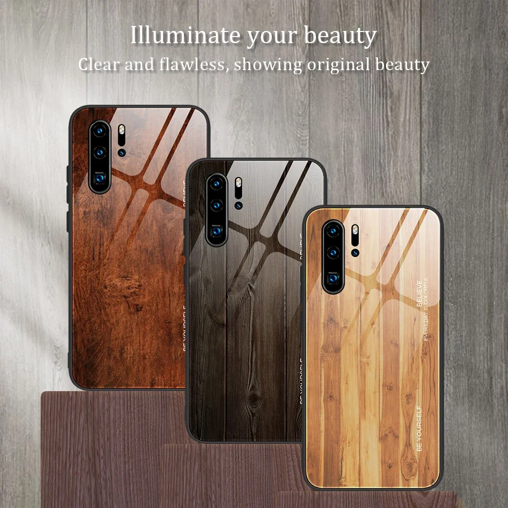 Wood Tempered Glass Phone Case For Huawei P40 P30 P20 Lite E P50 P60 Pro P Smart Z Plus 2019 2021 Hardness WOOD Plant Case Cover