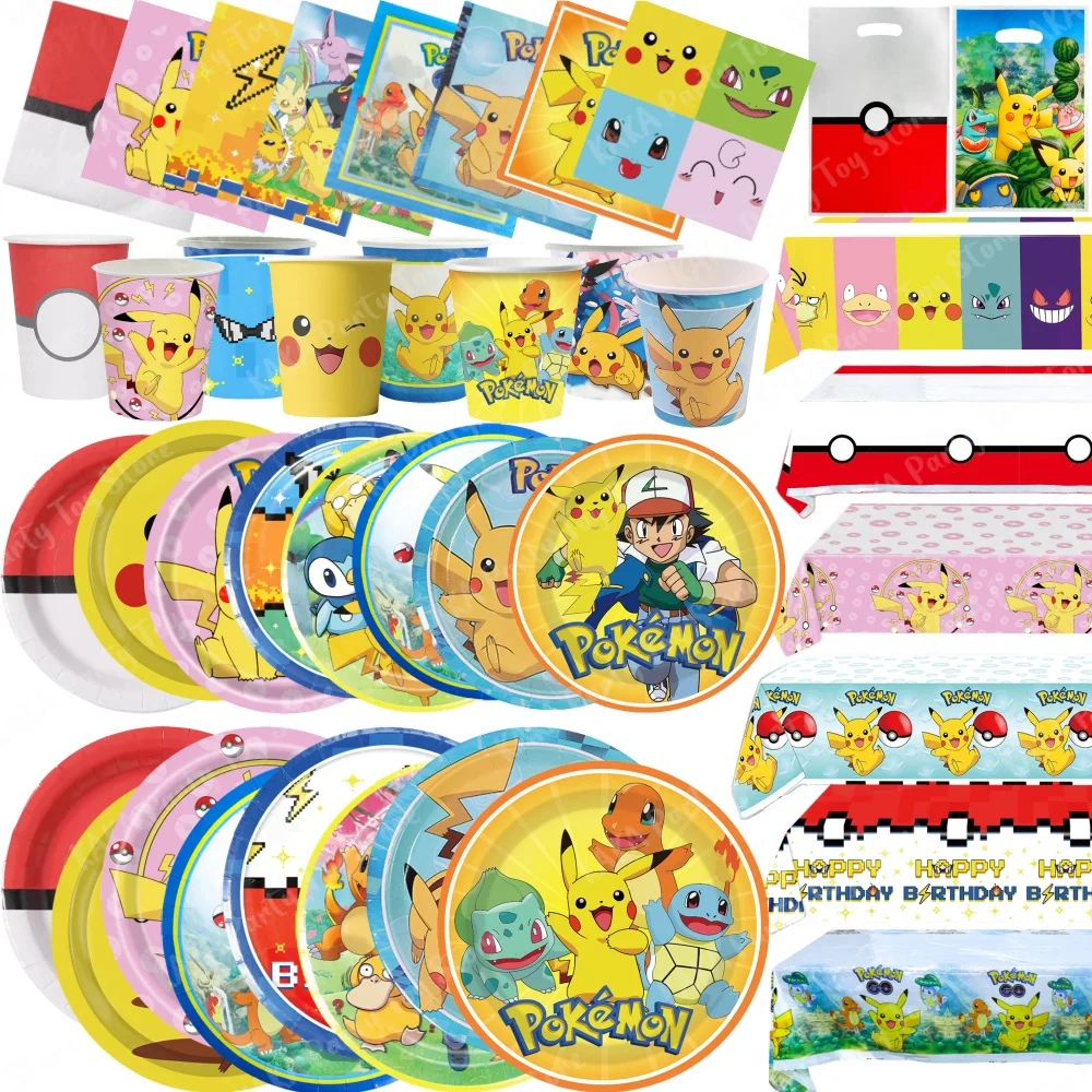 Pokemon Birthday Decorations Pikachu Pokeball Paper Tableware Tablecloth Cup Plate Napkins Gift Bag For Kids Party Supplies Toys