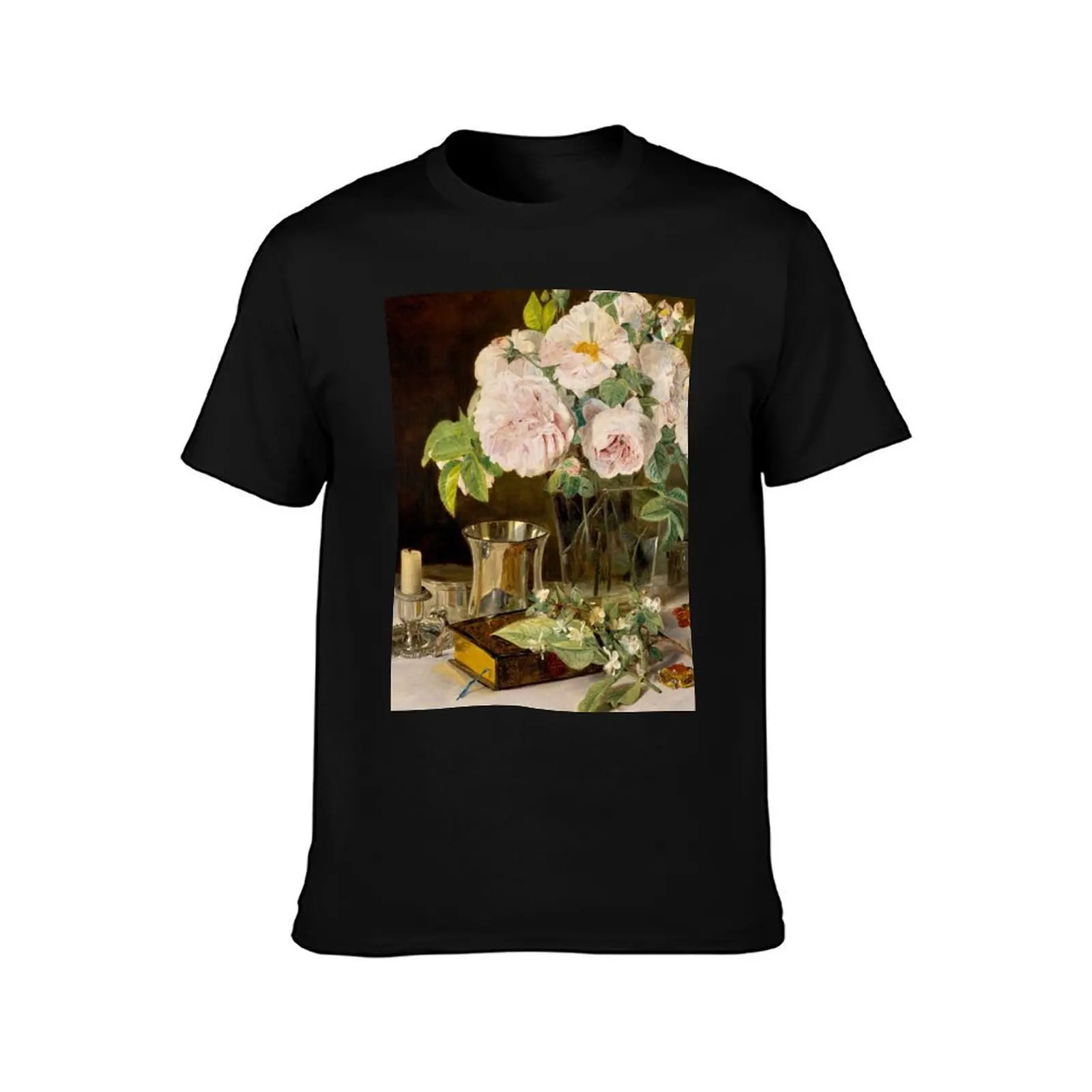 Still Life of Roses in a Glass Vase, A Candlestick, A Book, and Silver Cup by Ferdinand Georg Waldmüller (retouched) T-Shirt