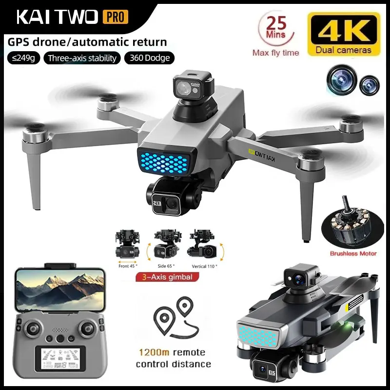 KAI TWO PRO GPS Drone 4K Professional 3-Axis PTZ HD Dual Camera 5G WIFI Obstacle Avoidance Brushless Motor RC Quadcopter Drones 