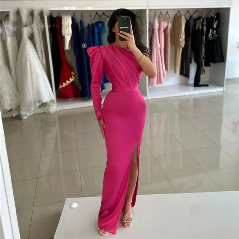 

Fortunate Suadi Arabia One Shoulder Mermaid Prom Dresses Side Split Satin Pleated Floor Length Evening Party Gown Robe De Soirée