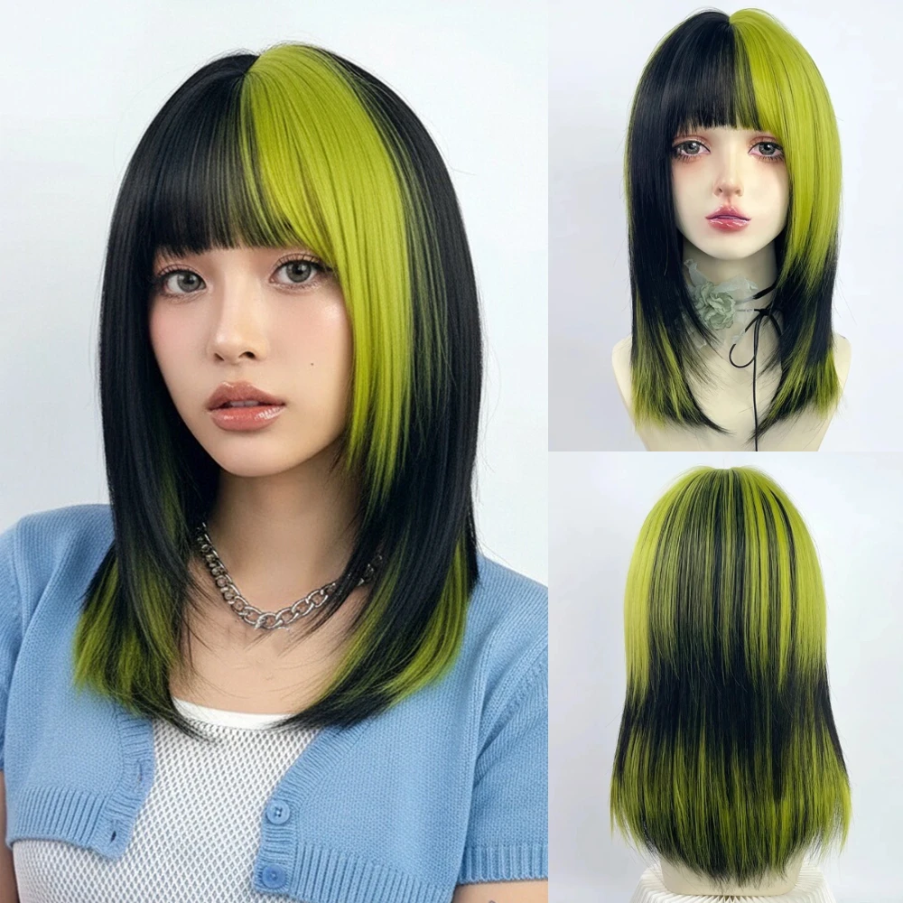 

VICWIG Short Synthetic Black Green Mix Women Straight Wigs with Bangs Lolita Cosplay Natural Hair Wig for Daily Party