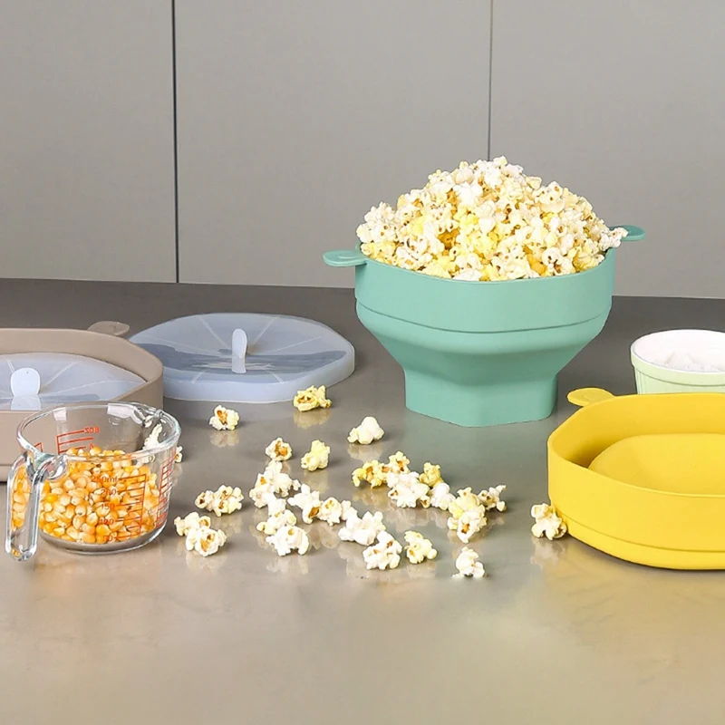 Mangkuk Popcorn Microwave silikon, alat panggang dapur Popcorn dapat dilipat dengan tutup