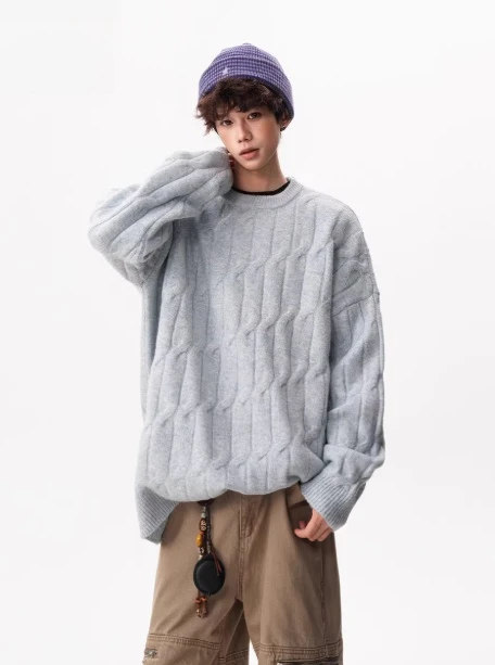 Spring and Autumn American Style Men's Blue and Dark Gray Cable Knit Cardigan Couple Loose Black and Beige Crew Neck Sweater