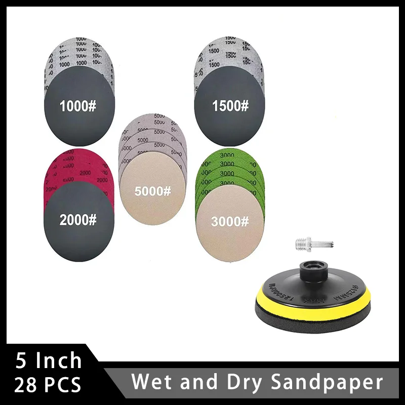 5 Inch Wet and Dry Sandpaper with Interface Pad 28 Pcs Assorted 1000-5000 Grit for Polishing and Sanding Metal Rubber Car Body