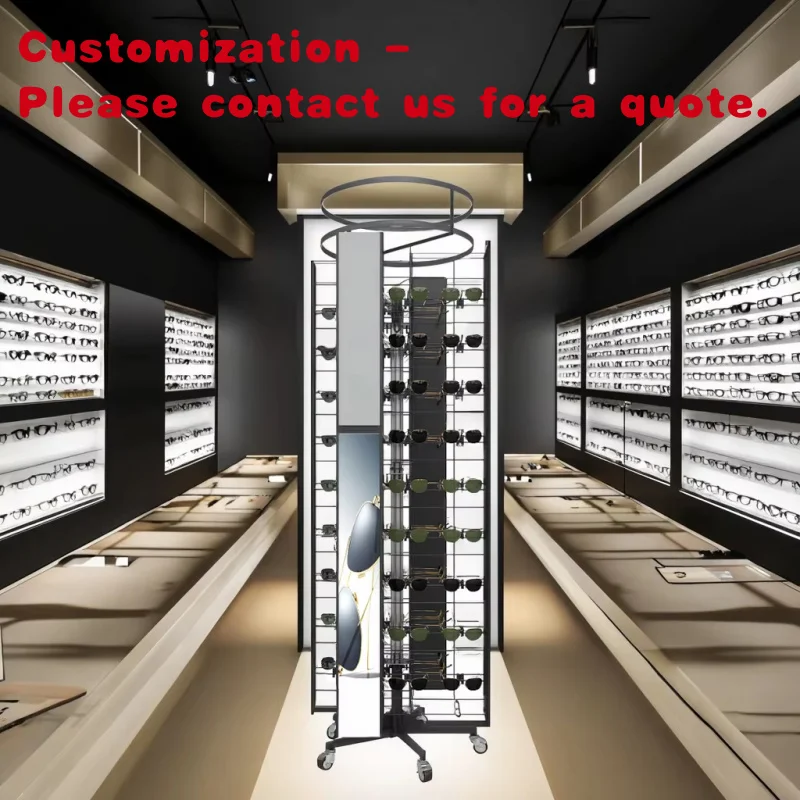 

custom.Sunglasses Factory Retail Eyewear Store Fixtures Metal Movable Rotating Glasses Display Stand with Casters Wheels