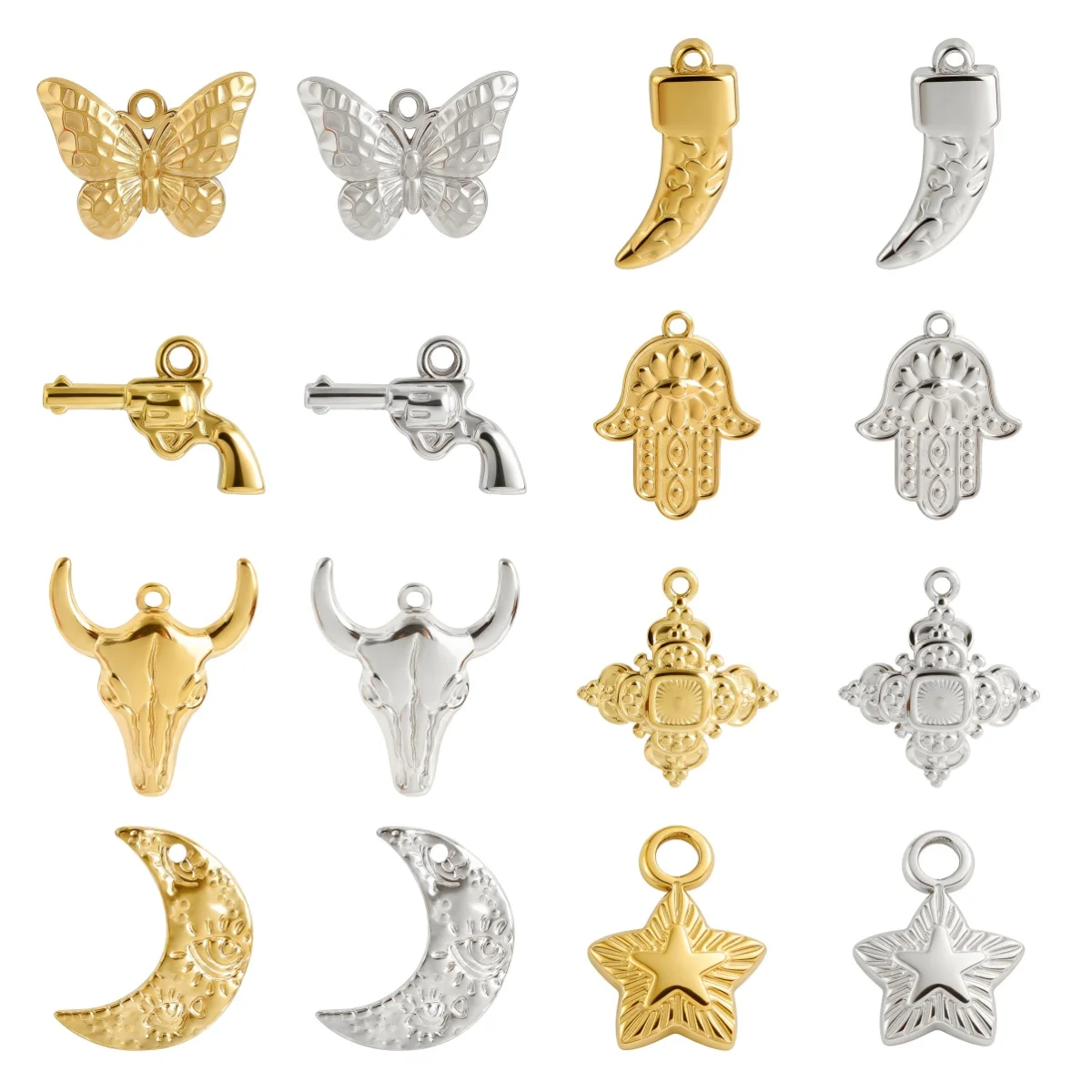 12pcs Butterfly Handgun Flower Bull Stainless Steel Design Pendant Moon Star No Fading Charms DIY Necklace Earring Accessories