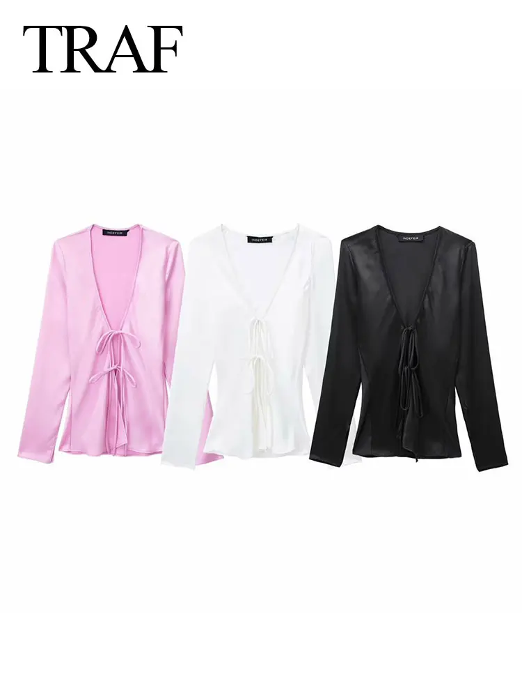 TRAF 2024 New Female Solid Shirts All Matched V-Neck Long Sleeves Y2K Casual Bow Lace Up Silk Satin Elegant Women's Spring Tops