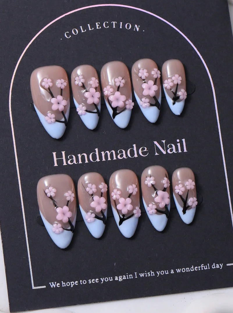 10pcs high-end Simple and elegant style, hand-painted three-dimensional patterns, contrasting color design handmade fake nails