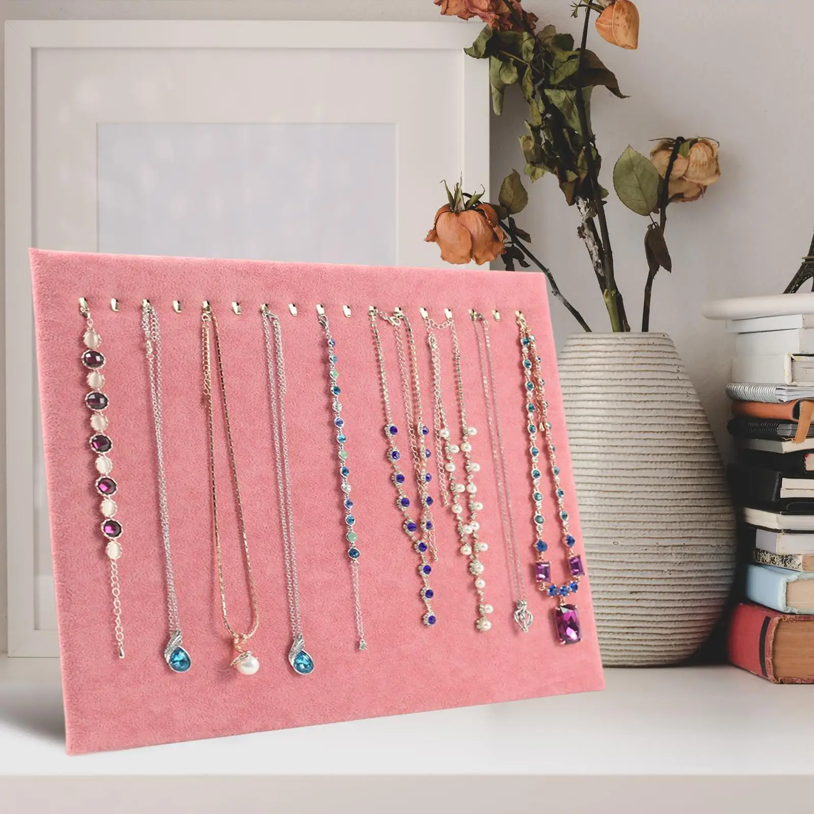 17 Hooks Necklace Display Stand Display Boards for Bracelets Anklets Selling Pink Velvet