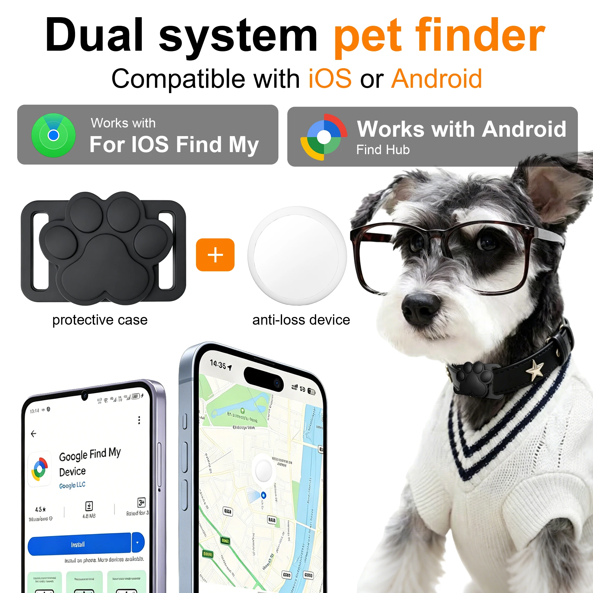 

Dual-System Tracker Tag for Dogs and Cats — No Monthly Fees, No Subscription Required, No Hidden Costs, Anti-Loss Alerts