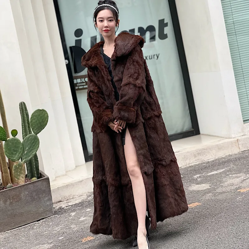 2024 Winter Women Real Rabbit Fur Coats Natural Whole Skin Rabbit Fur Long Jackets Overcoat Luxury Winter