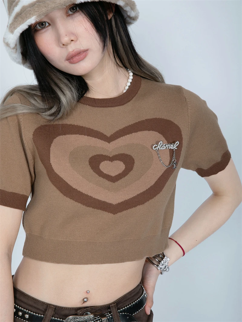 

LMQ NEW Woman Tops Short Knitted High Waist Sexy Exposed Navel Round Neck Gentle Cute Love Heart Pattern Summer Pullover Sweater