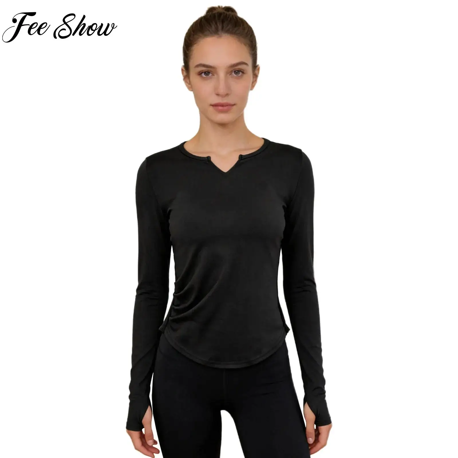 

Womens Sports Top Curved Hem Ruched Yoga Tops Long Sleeves Thumbholes T-shirt for Pilates Sports Workout Cycling Running Clothes