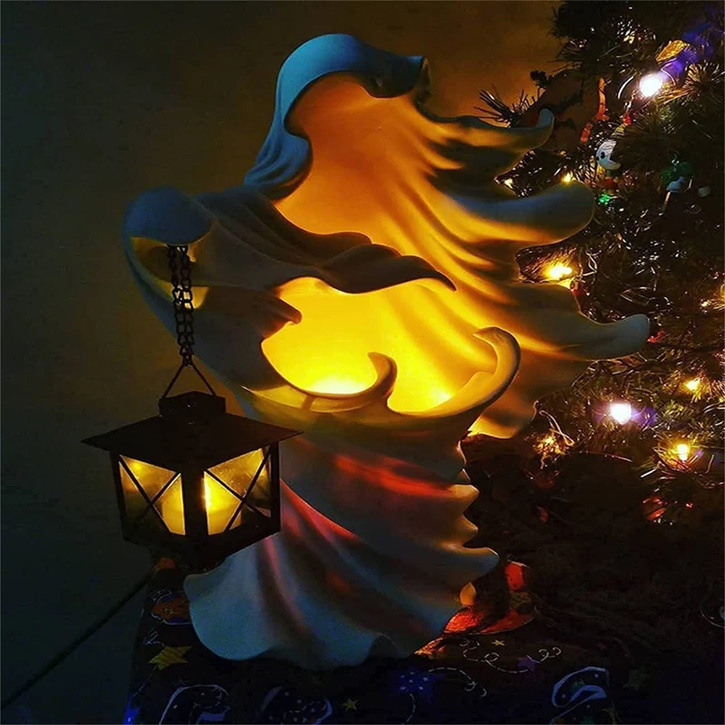 Ghost Halloween Witch Ornament With Lantern Energy Saving Resin Statue For Garden Courtyard Decor