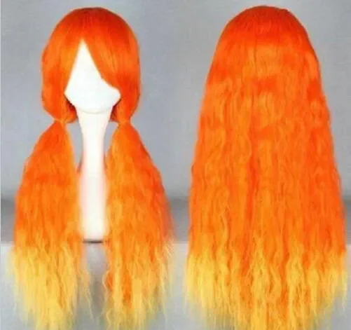 Longo Encaracolado Lolita Cosplay Peruca De Cabelo, Mistura Resistente Ao Calor, Cabelo Festa, Laranja e Amarelo