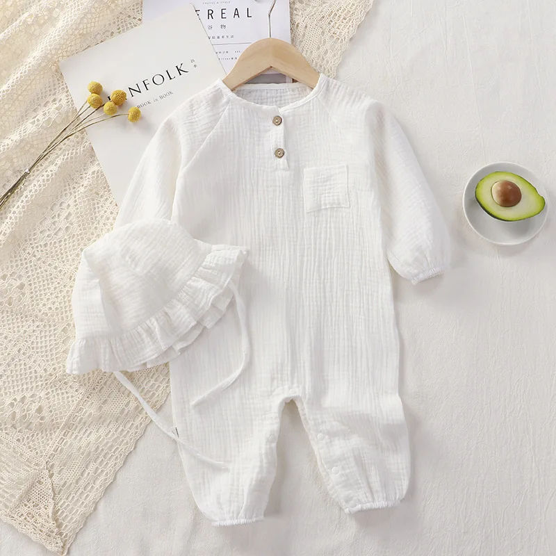 Muslin Baby Romper Hat 2Pcs Cotton Kids Jumpsuit Newborn Girl Boy Clothes Toddler Onesie Infant Ouitfit Set Baby Clothing