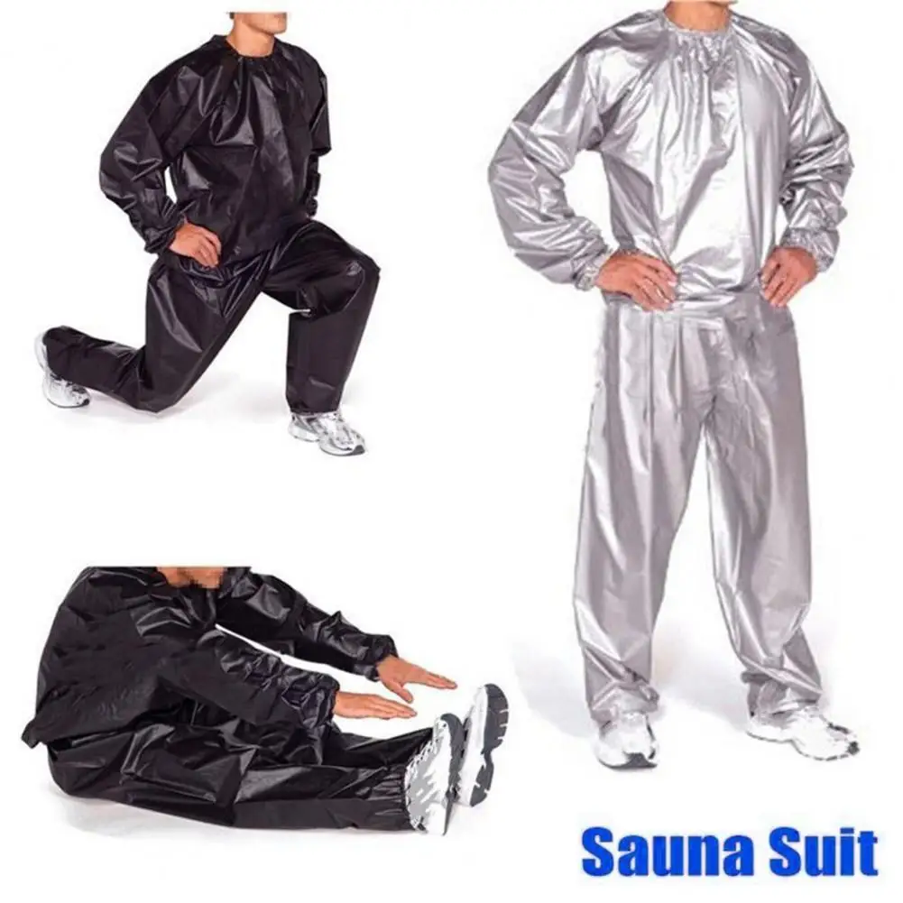 2 Pcs/Set Sauna Top Pants Suit Waterproof Windproof Sweat Tracksuit for Weight Loss Elastic Openings Fat Burning Sports Fitness