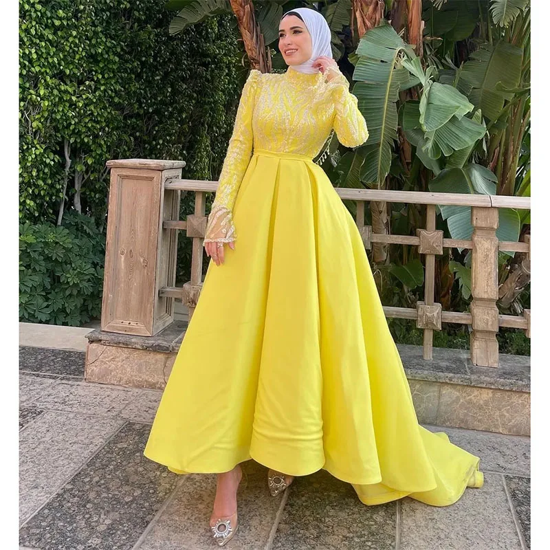 

Exquisite Asymmetrical A Line Prom Dresses Beaded Sequin Muslim Evening Party Dress Arabic Dubai Formal Special Occasion Gown