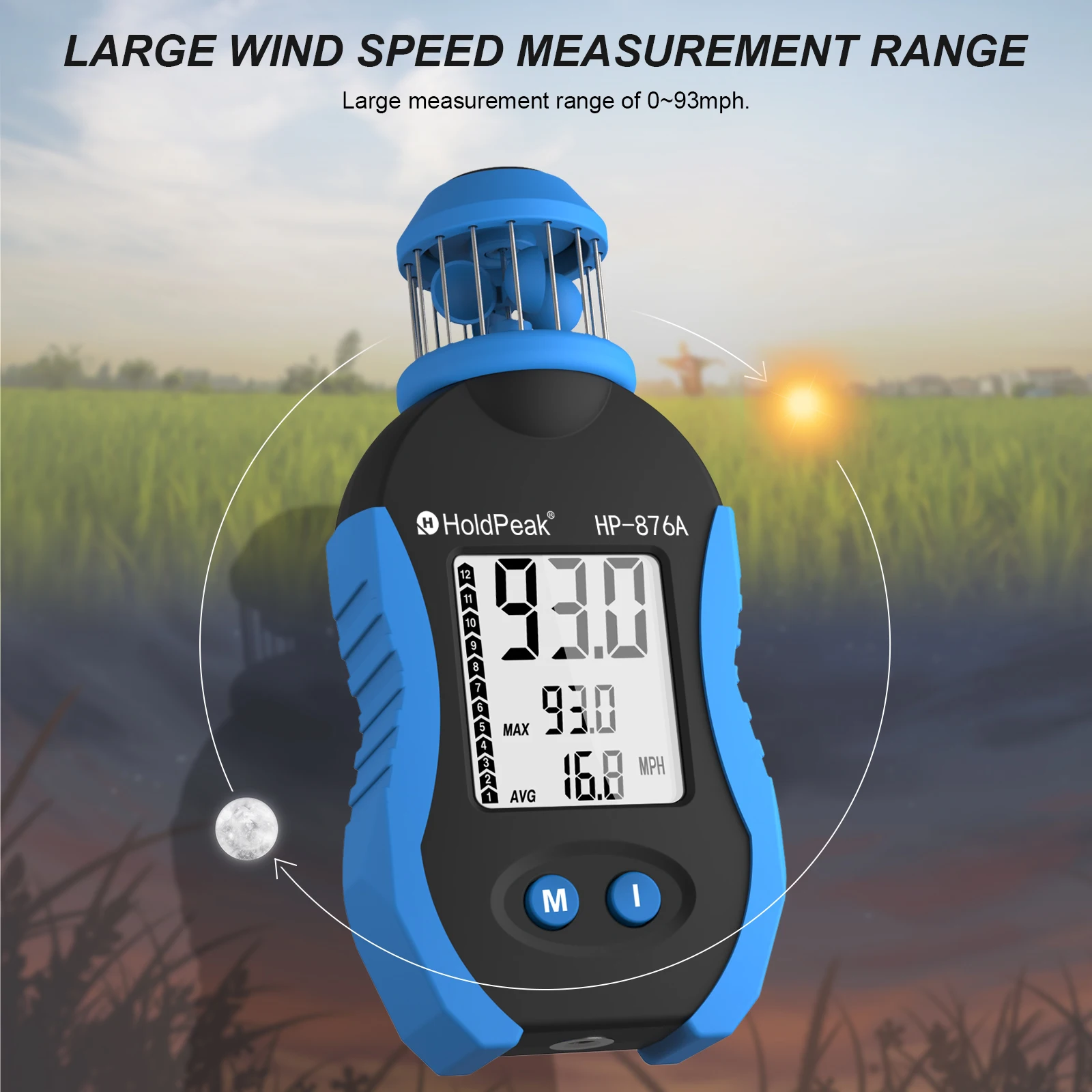 HP-876A Cup anemometer,Measures Wind from Any Directions,Upgraded 4 Cup Design,large wind speed measurement range,LCD Screen