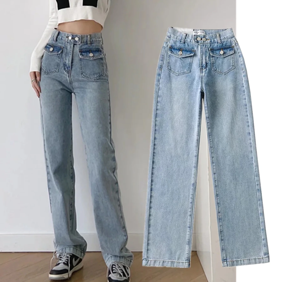 

Withered High Waist Mom Jeans Women High Street Washed Blue Pocketd In Front Harem Jeans Women Straight Denim Pants