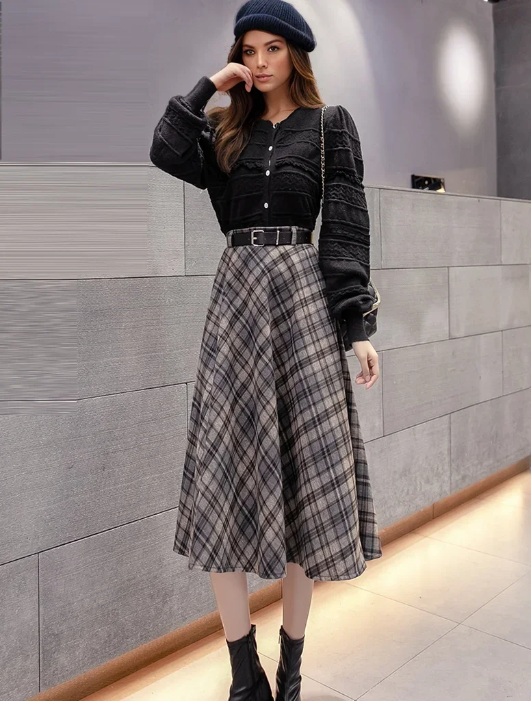 

Pop Autumn Winter Vintage Plaid Warm Women Midi Skirt With Belt High Waist Loose Retro Elegant A-Line Wool Skirts Lady