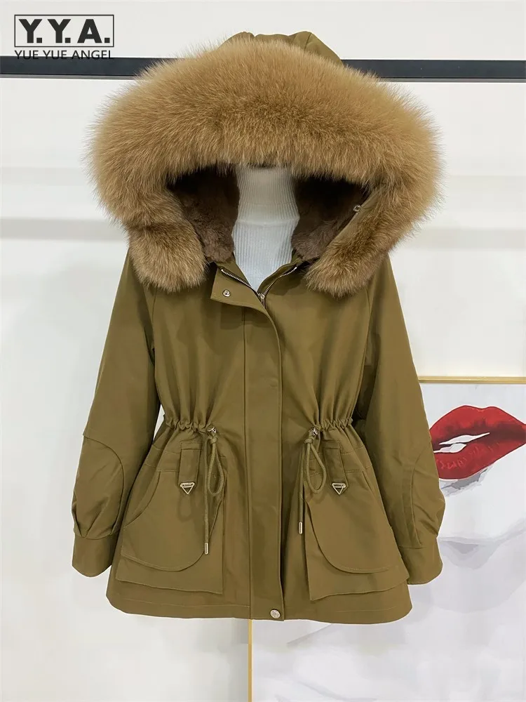 Elegante Frauen Winter warm Rex Kaninchen Futter Mantel Echtpelz Kragen Kapuze verstellbare Taille Büro Damen Parkas Mode jacke