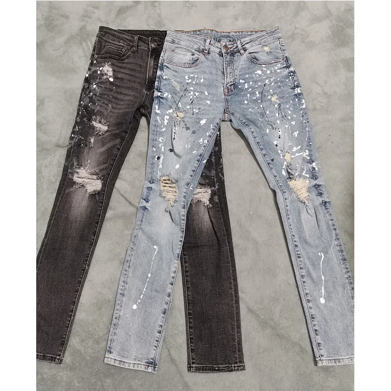 2022 Fashion Speckled Gray Hole Cotton Elastic Slim Fit Mens Jeans Size 29-36 Pantalones Hombre Ripped Jeans