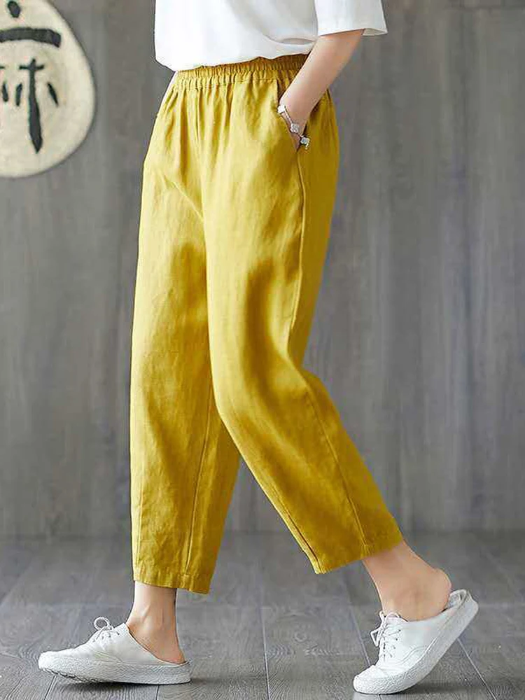 Women Summer Casual Loose Harem Elastic Waist Cotton Linen Pants Ninth Trousers