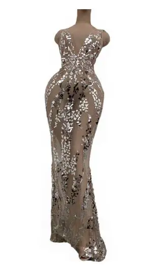 

Sexy Prom Perspective Sequin Long Dress Fashion Women Party Celebration Mesh See Through Evening Gown dresssinger Trailing Dress