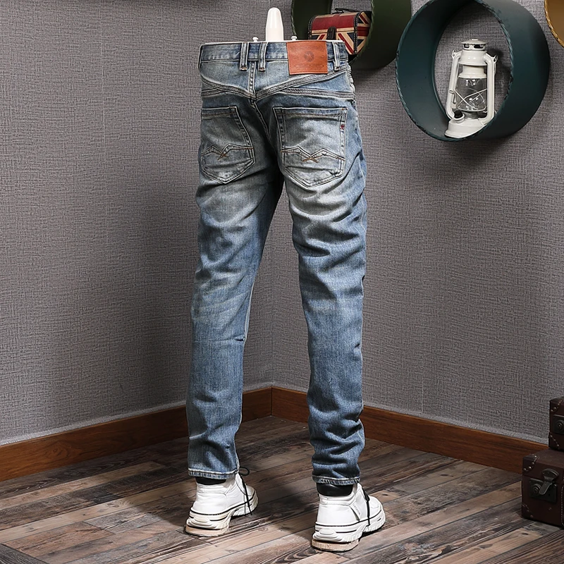 Italian Fashion Men Jeans High Quality Retro Blue Elastic Slim Ripped Jeans Men Patchwork Designer Vintage Denim Pants Hombre