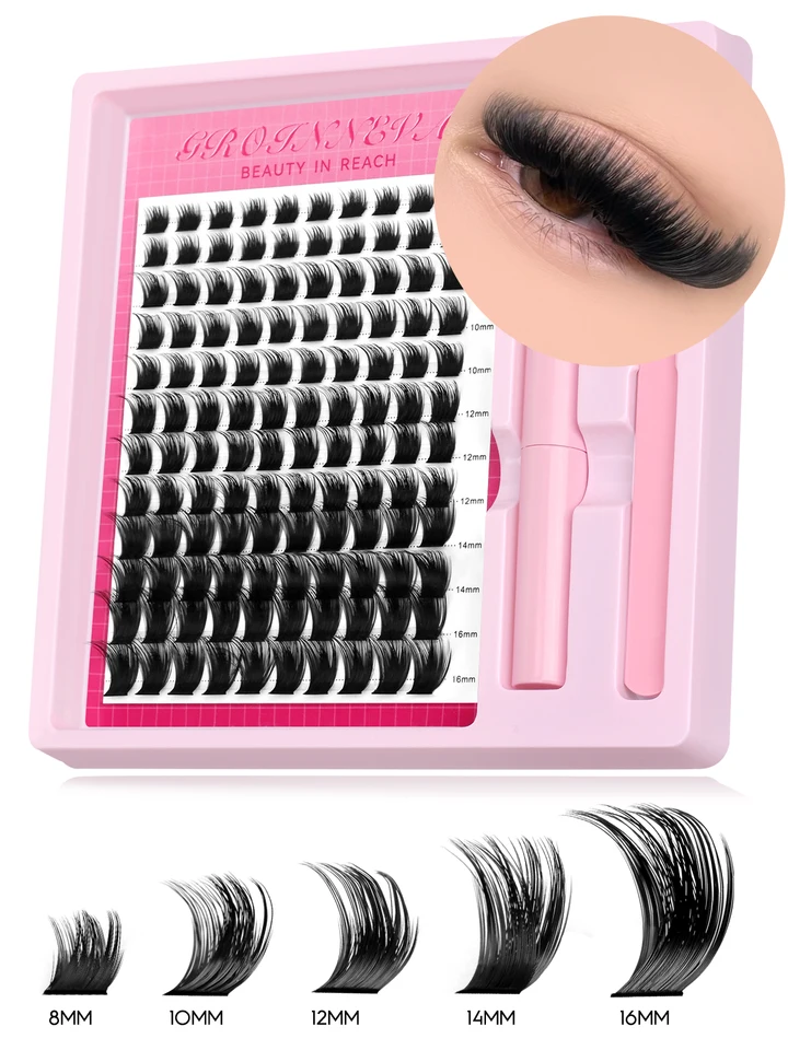 Kit de pestañas por racimos esponjosas individuales, C curl, extensiones de 10-18mm, kit DIY con pegamento y sellador 2