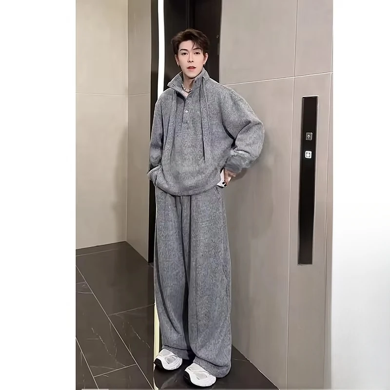 Fleece Lounge Sweater Set Men 2025 wainter New thermal sweatshirt two-piece hoodie+pants loose Floor pants Stand up collar