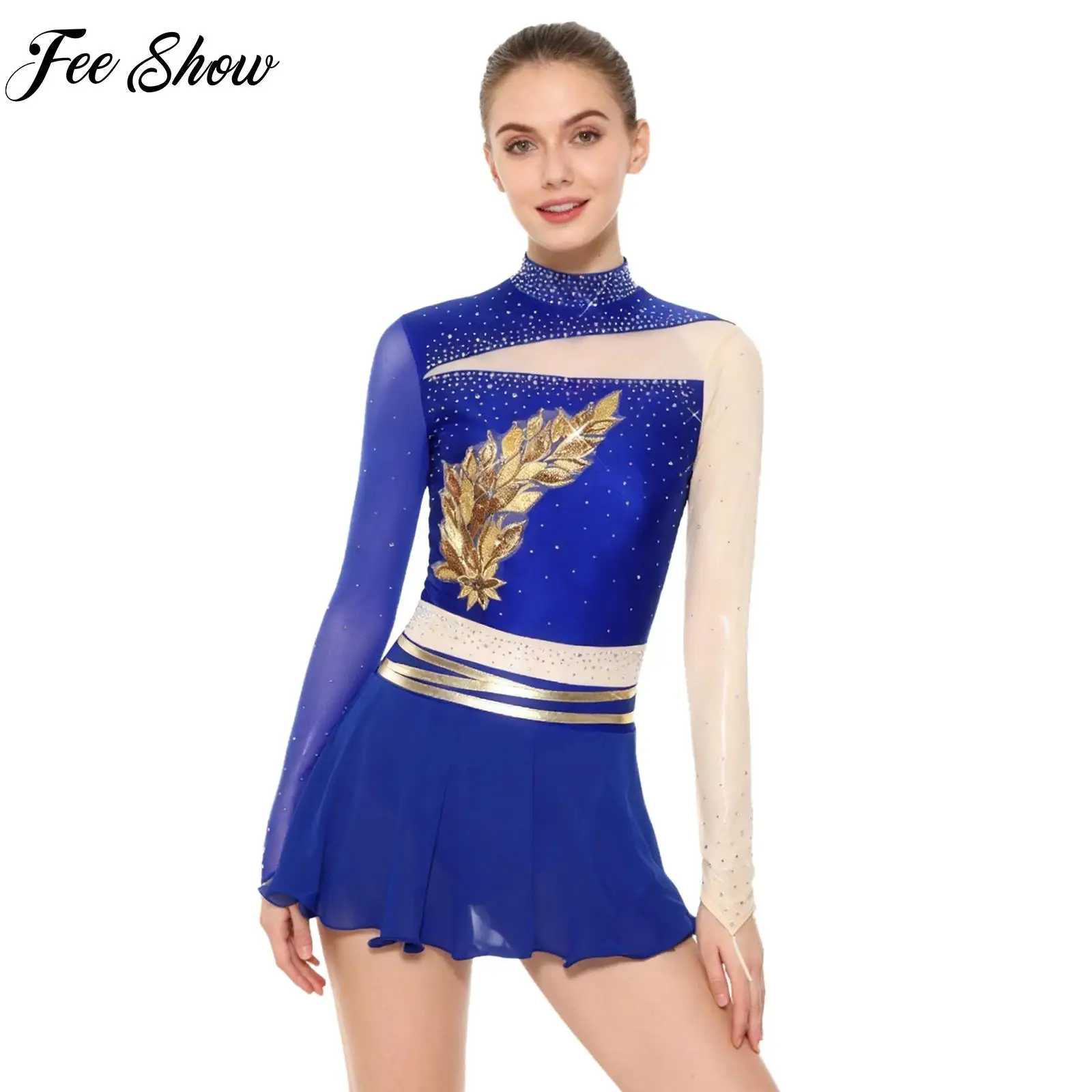 

Womens Lyrical Contemporary Dance Costume Tutu Dress Embroidered Rhinestones Dress Figure Ice Skating Performance Party Costume