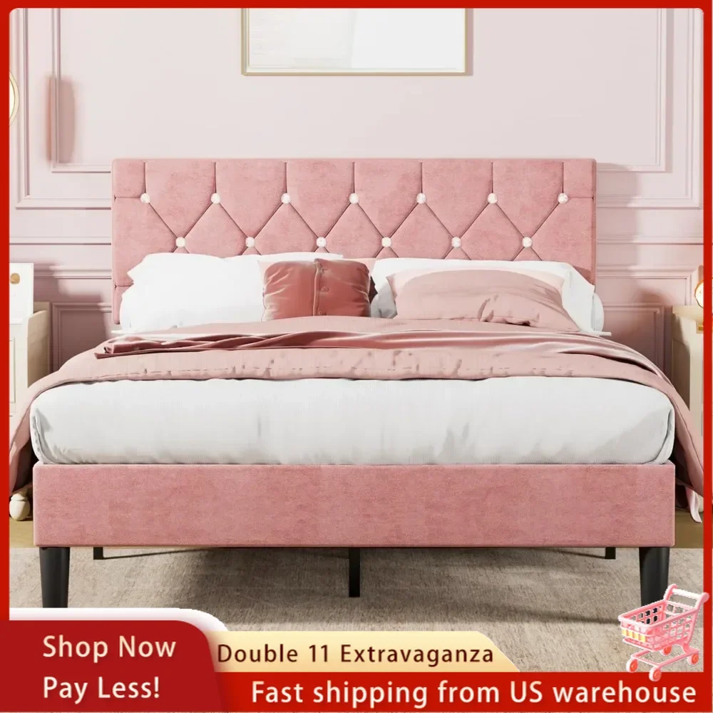 Full Size Bed Frame, Upholstered Platform with Adjustable Diamond Tufted Headboard, Wood Slat Support, No Box Spring Needed