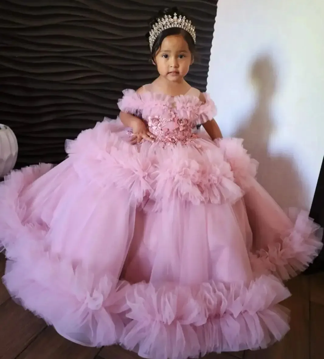 Pink Flower Girl Dresses for Wedding Lace Appliques Layered Girl Birthday Gown for Photoshoot First Communion Gown Customized