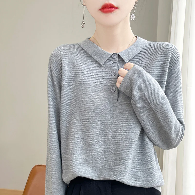 Autumn Winter Wool Worsted Sweater Women Elegent Turn-down Collar Sweater Button Long Sleeve Top Fashion Knit Female Pullover