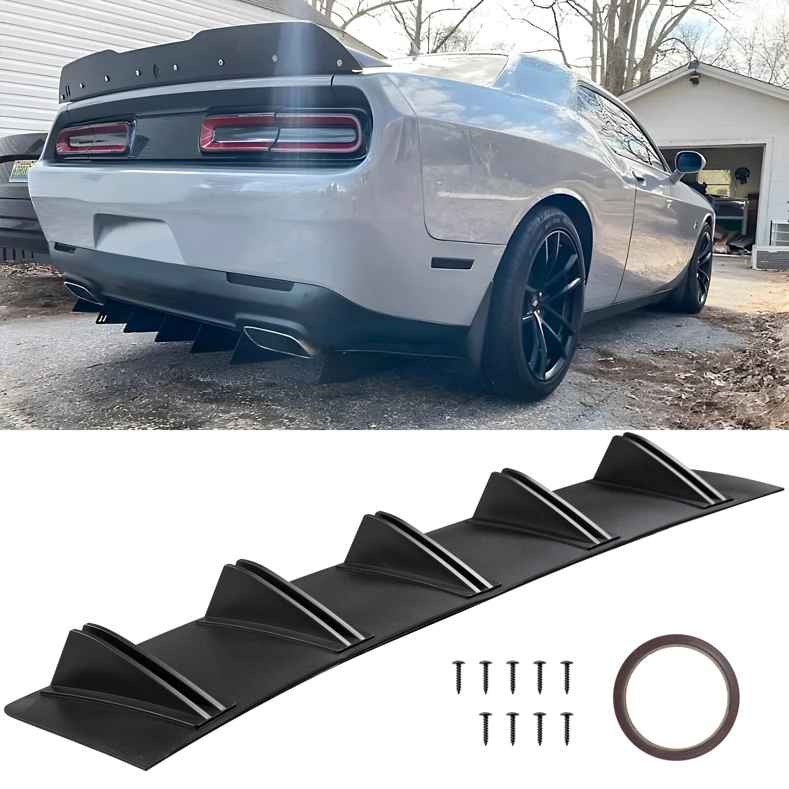 

For Dodge Challenger 2015-2024 81cm Rear Bumper Diffuser Lip | Matte Black Shark Fin Style Spoiler Splitter