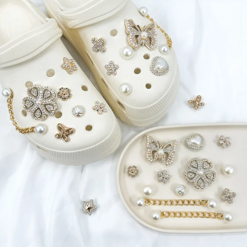 14PCS Fashion Shoe Charms Set Accessories Hole Shoe Buckle Golden Butterfly Flower Pearl Chain DIY Shoes Decorations Party Gift