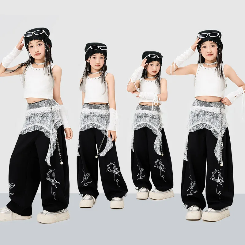 

Kid Kpop Hip Hop Clothing White Rivet Crop Tank Top Black Casual Wide Lace Waist Sweat Pants for Girl Jazz Dance Costume Clothes