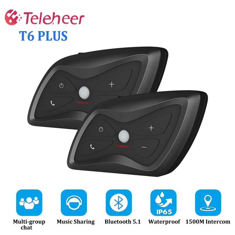 

Teleheer T6 PLUS Мотоциклетный шлем Bluetooth-гарнитура Домофон Музыкальный плеер Водонепроницаемый Intercomunicador 2 гонщики 1500 м Переговорный телефон