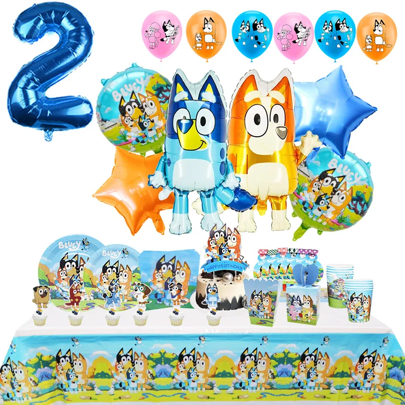 Bluey Birthday Party Decoration Blue And Bingo Foil Latex Balloon Kids Event Supplies Disposable Tableware Banner Backdrop Plate