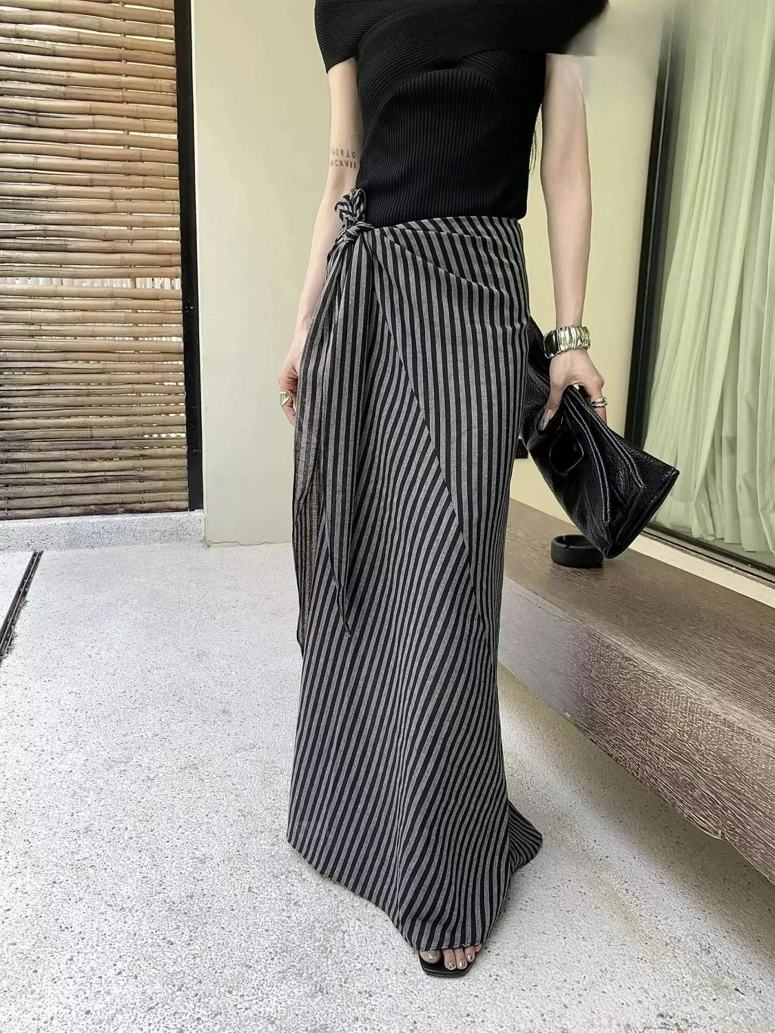 

Striped Elegant Striped Tie Half Skirt Women Fashion High Waist Slimming Long Skirt