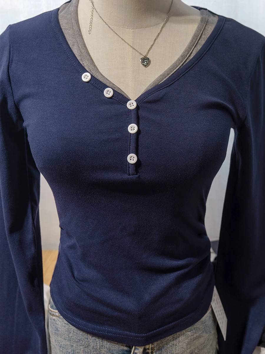 

Темно-синяя мягкая тонкая футболка с длинным рукавом, женские пуговицы, лоскутные базовые футболки с v-образным вырезом, женские милые винтажные повседневные простые футболки