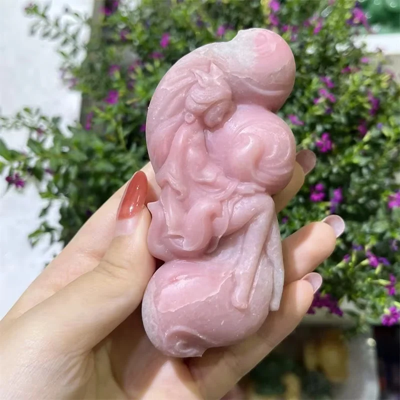 9.6cm Natural Pink Opal Nine-Tailed Fox Fairy Carving Healing Quartz Animal Figurines Reiki Stone Lucky Decoration Gift 1pcs