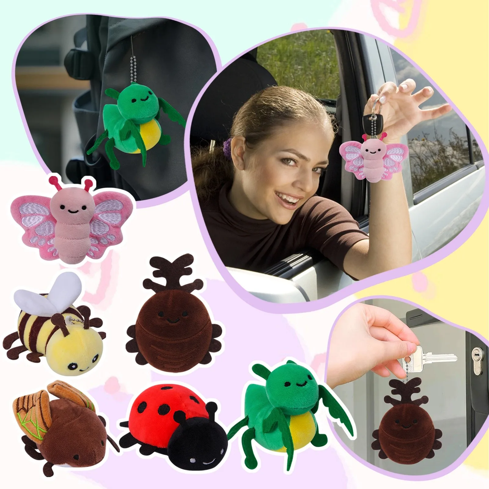 Creative Insect Series Plush Toy Keychain Cute Small animals Keyring Ornament Key Chain Car Pendant Accessories Kids Gifts