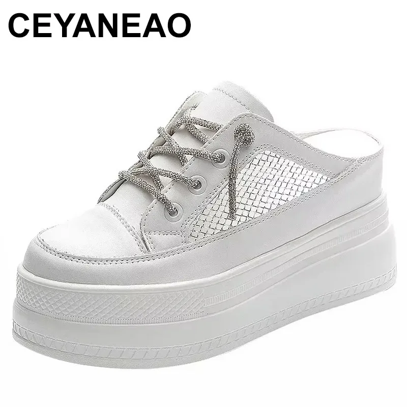 

2025 Platform High Heel Closed Toe Women Slippers Summer Mesh Hollow Women's Half Slippers