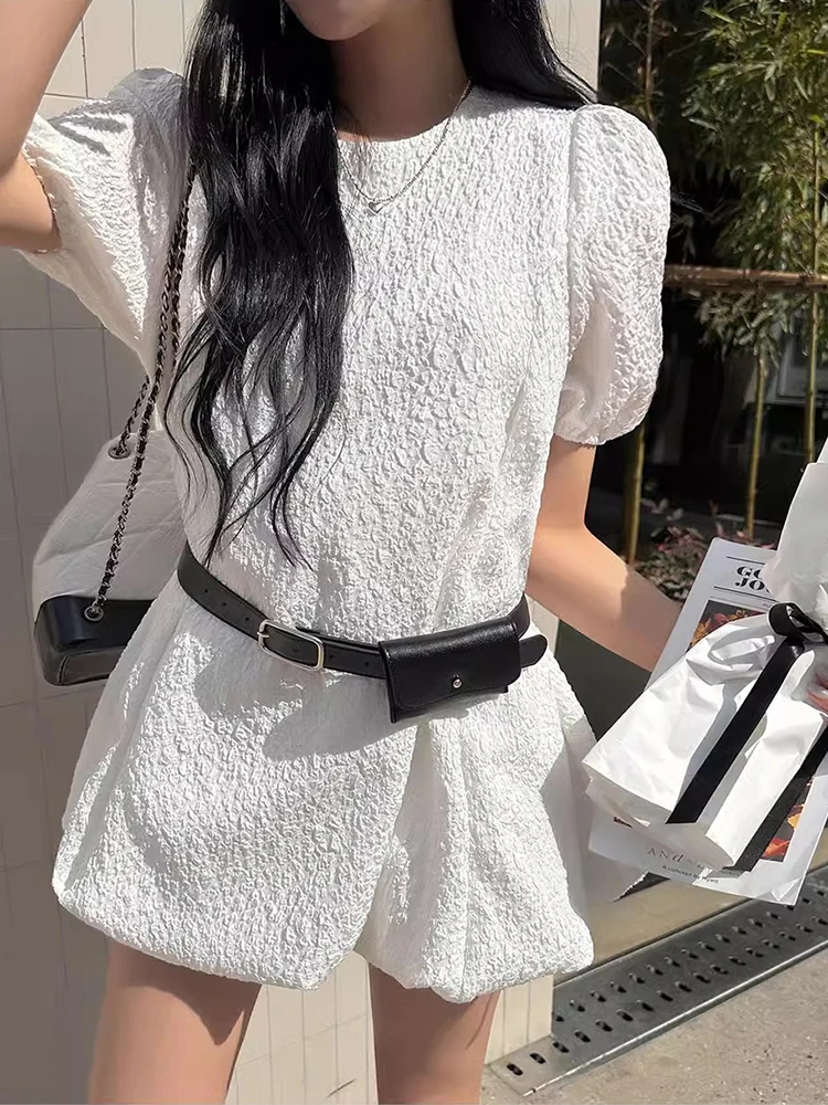 Chic Summer New Style Retro Texture Waist Cinching Slimming Bubble Sleeve Flower Bud Short Dress Midi Skirt Polyester Fiber